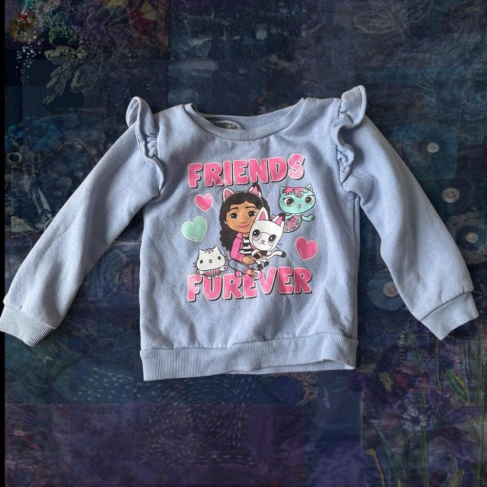 Gabby's Dollhouse light blue/purple sweatshirt with ruffles and pink lettering